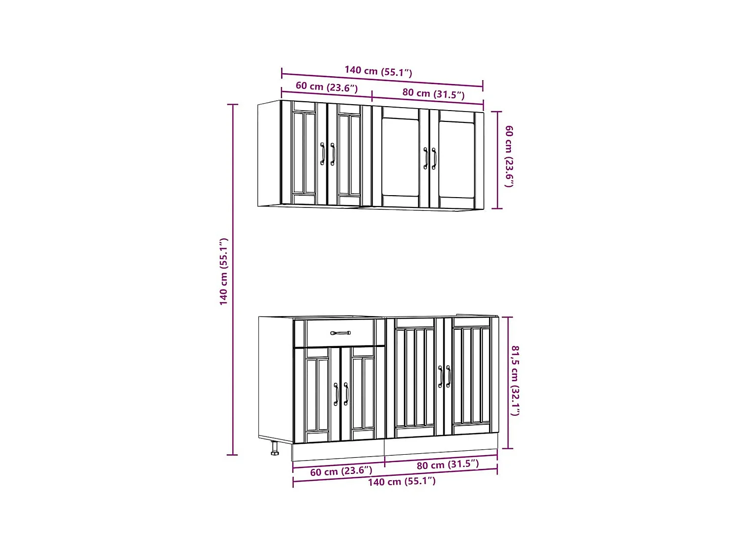 4 peças armário de cozinha conjunto Kalmar branco brilhante