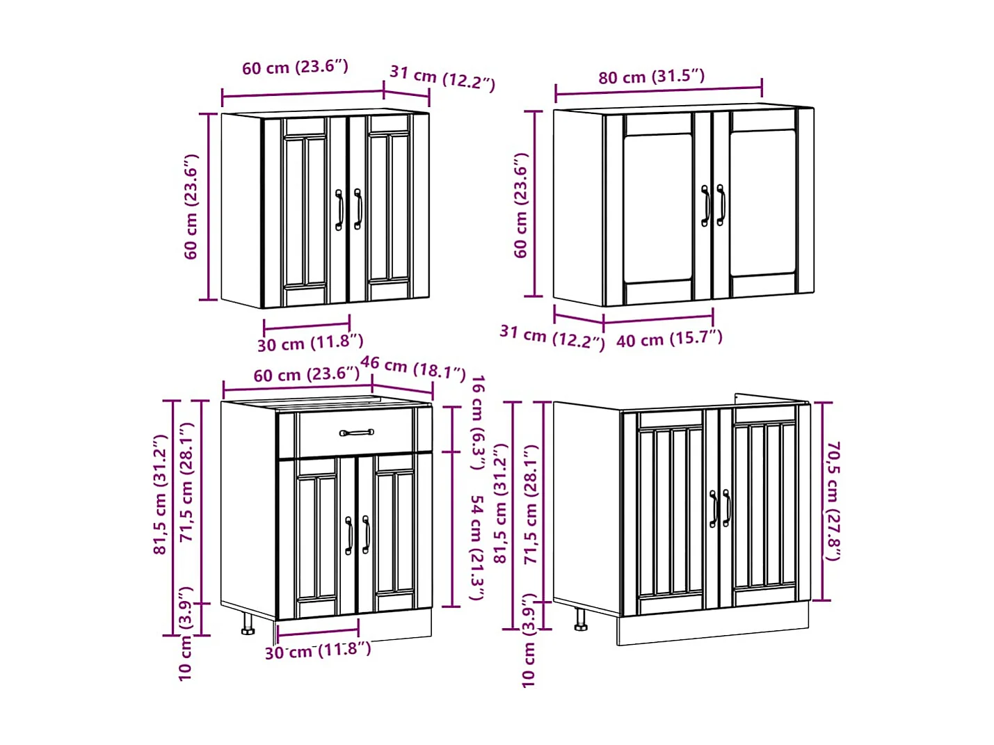 Ensemble de 4 meubles de cuisine "Lucca" en bois d'ingénierie blanc brillant