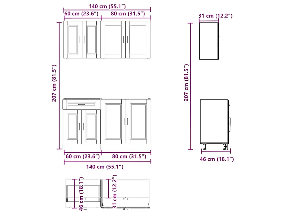 Ensemble de 4 meubles de cuisine "Porto" en chêne Sonoma