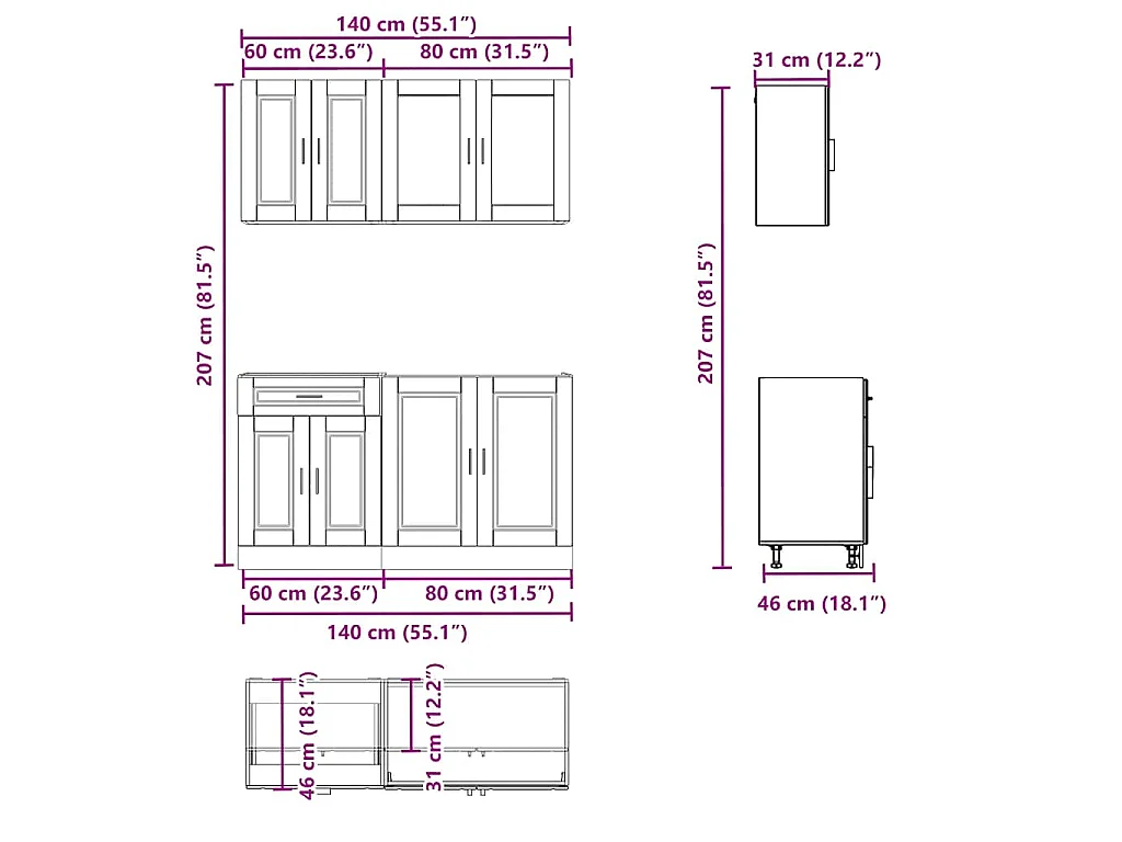 Ensemble de 4 meubles de cuisine "Porto" en chêne Sonoma