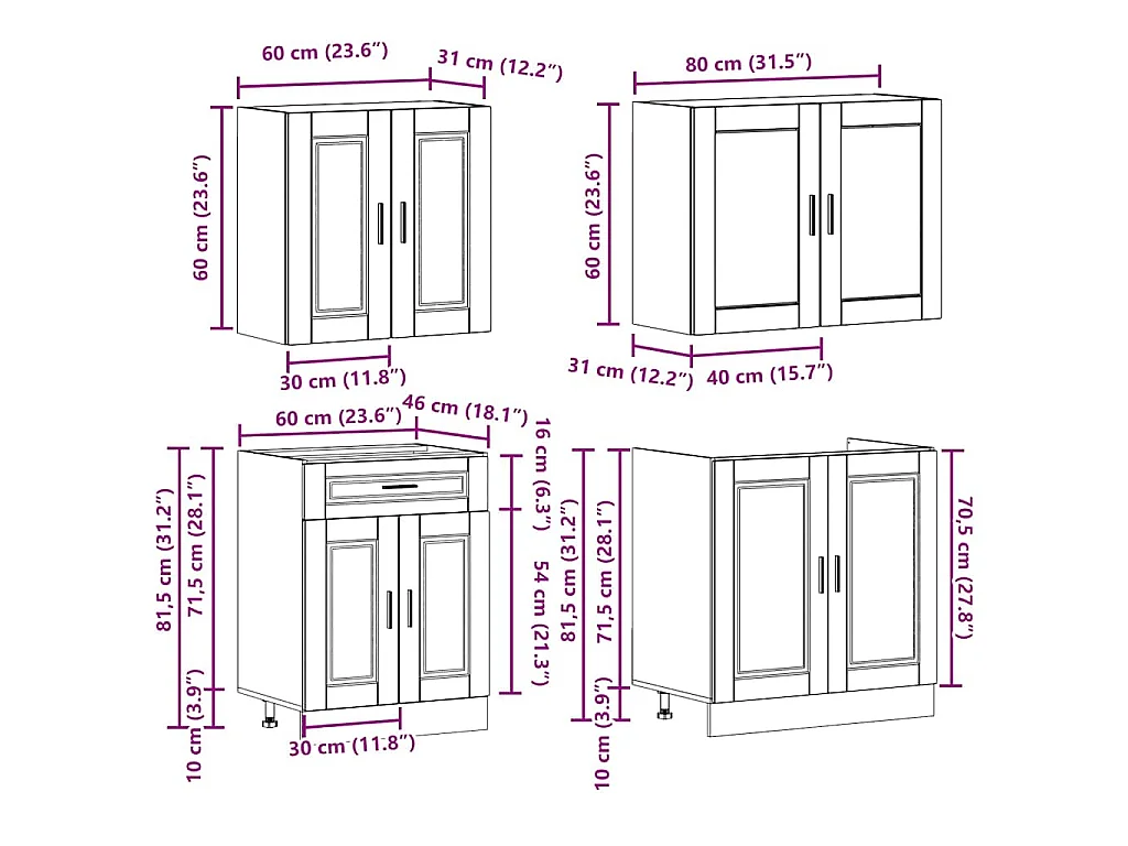 Ensemble de 4 meubles de cuisine "Porto" en chêne Sonoma