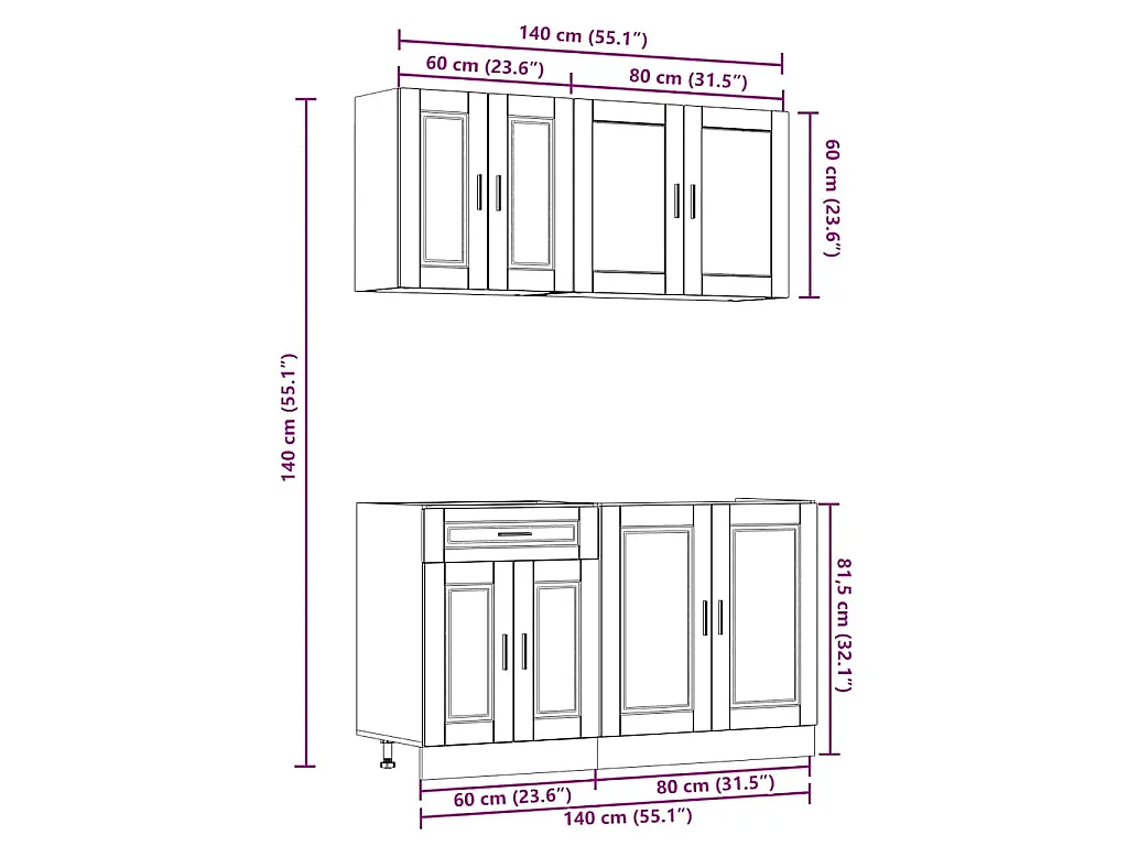 Ensemble de 4 meubles de cuisine "Porto" en chêne Sonoma