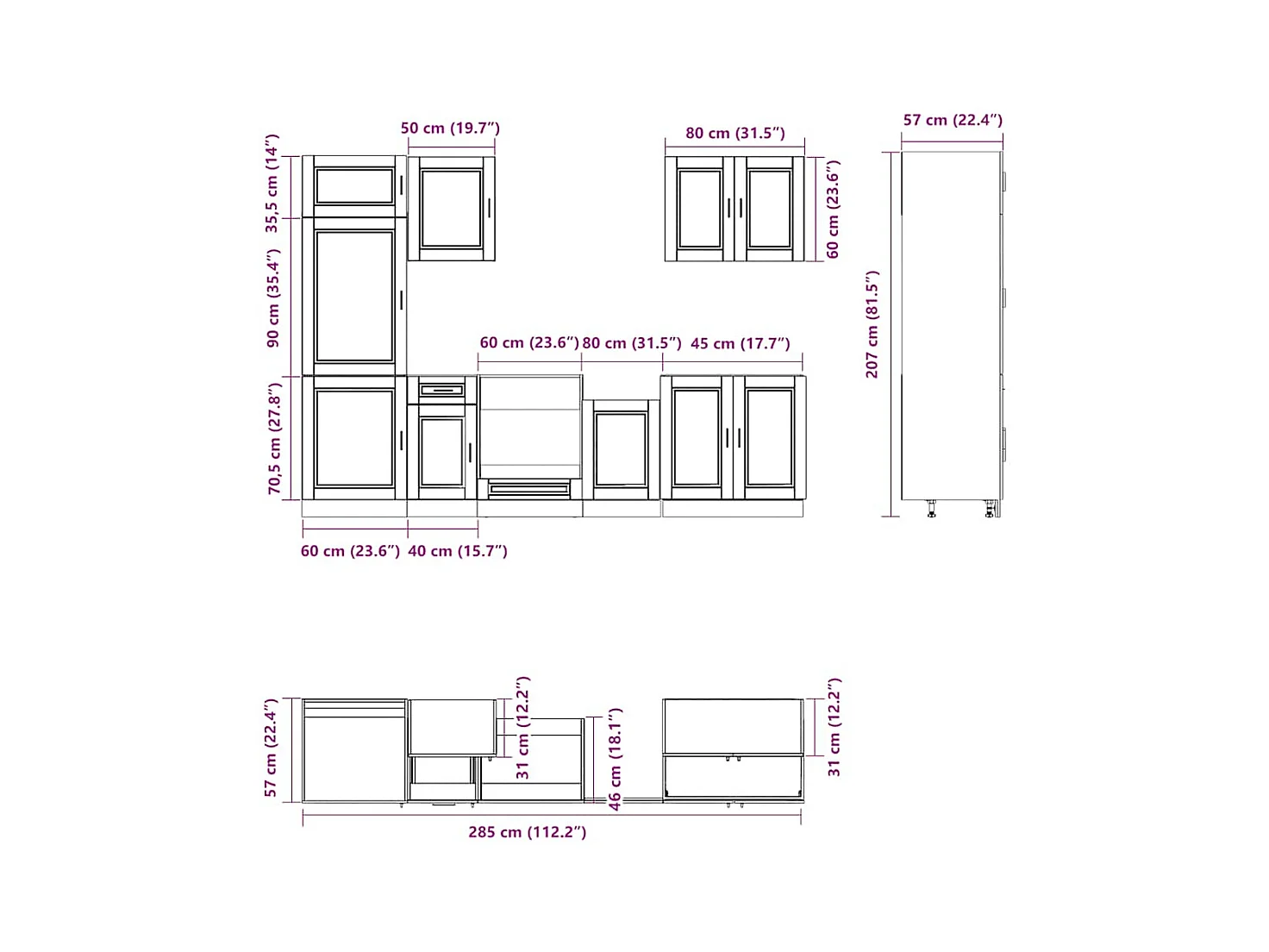 Conjunto de armarios de cocina "Porto" de 7 piezas de madera de ingeniería negra