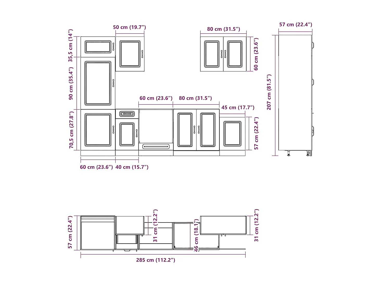 7 peças armário de cozinha conjunto Kalmar cinzento cimento