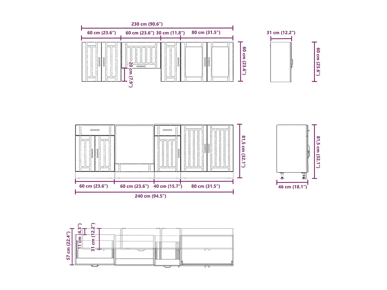 Ensemble de 8 meubles de cuisine "Lucca" en bois d'ingénierie blanc brillant