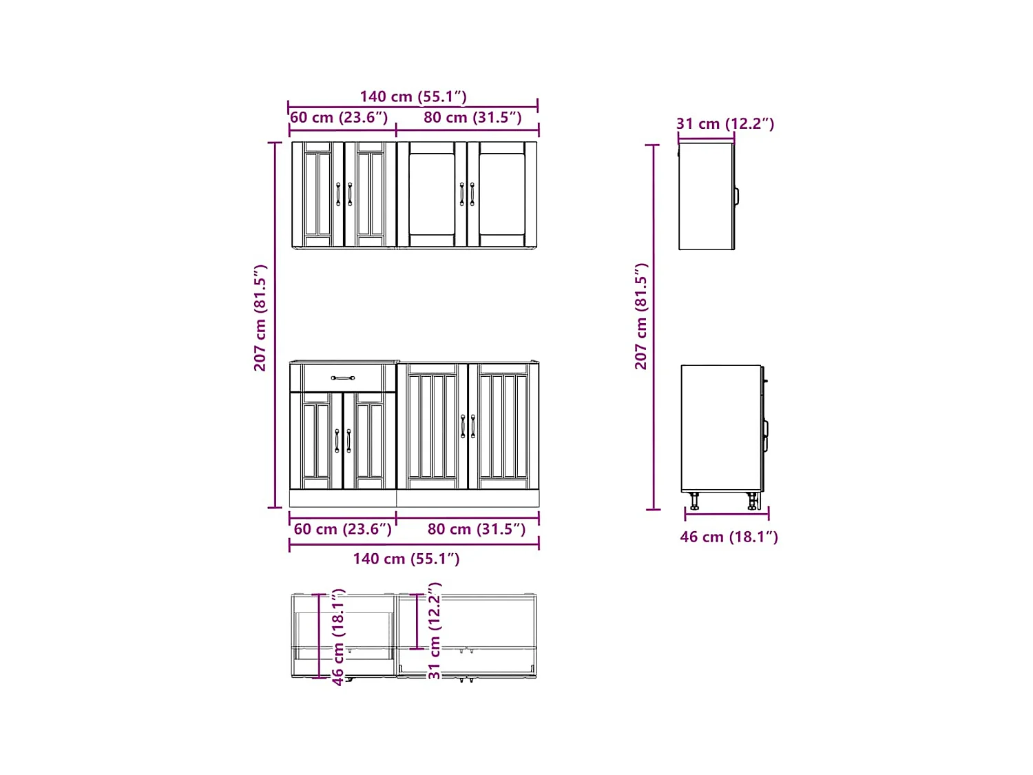 4-delige Keukenkastenset Lucca bewerkt hout sonoma eikenkleur