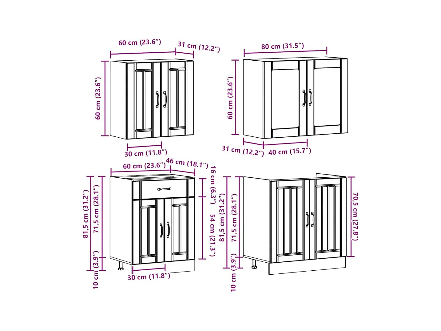 4-delige Keukenkastenset Lucca bewerkt hout sonoma eikenkleur