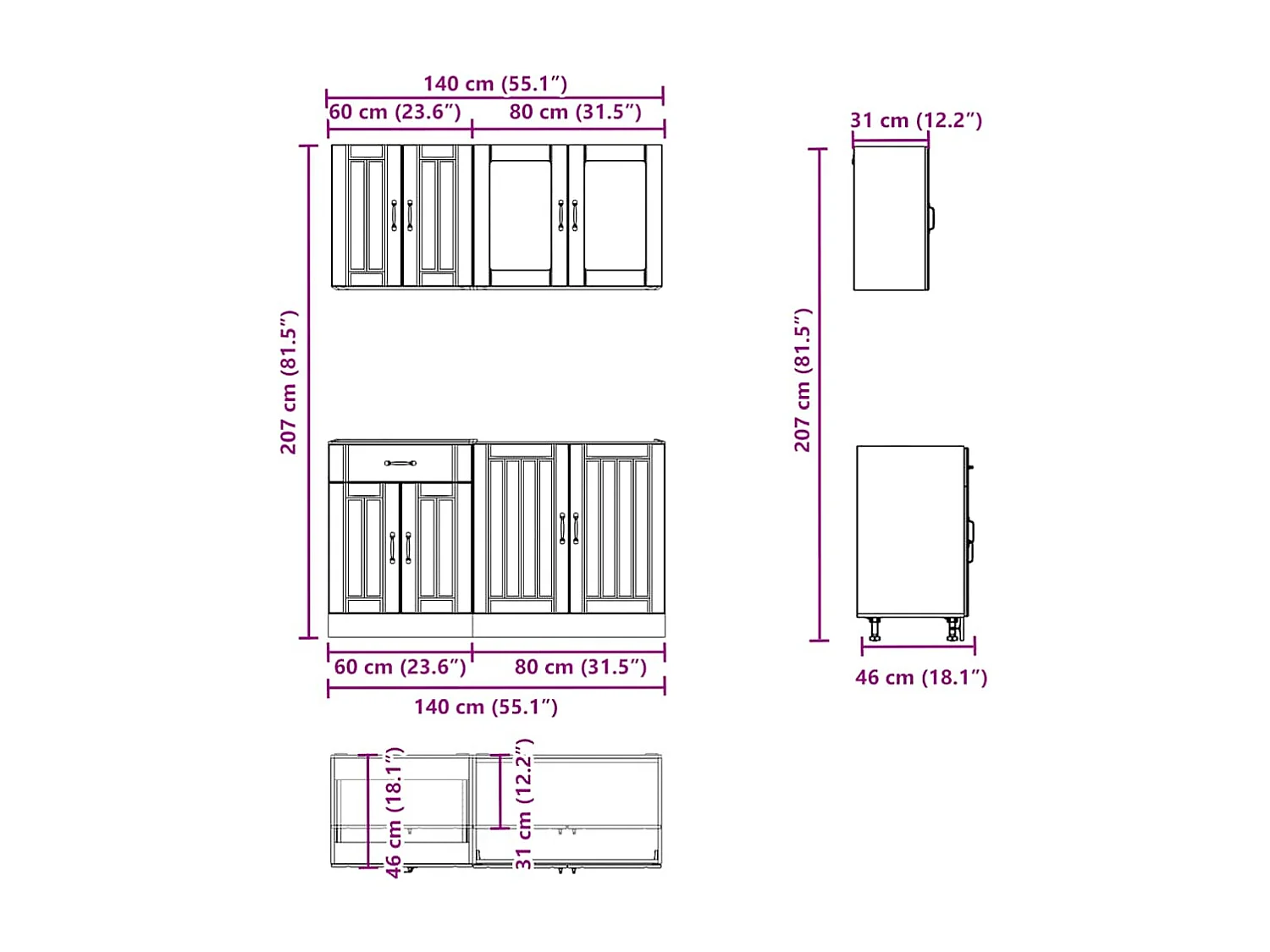 4-delige Keukenkastenset Lucca bewerkt hout sonoma eikenkleur