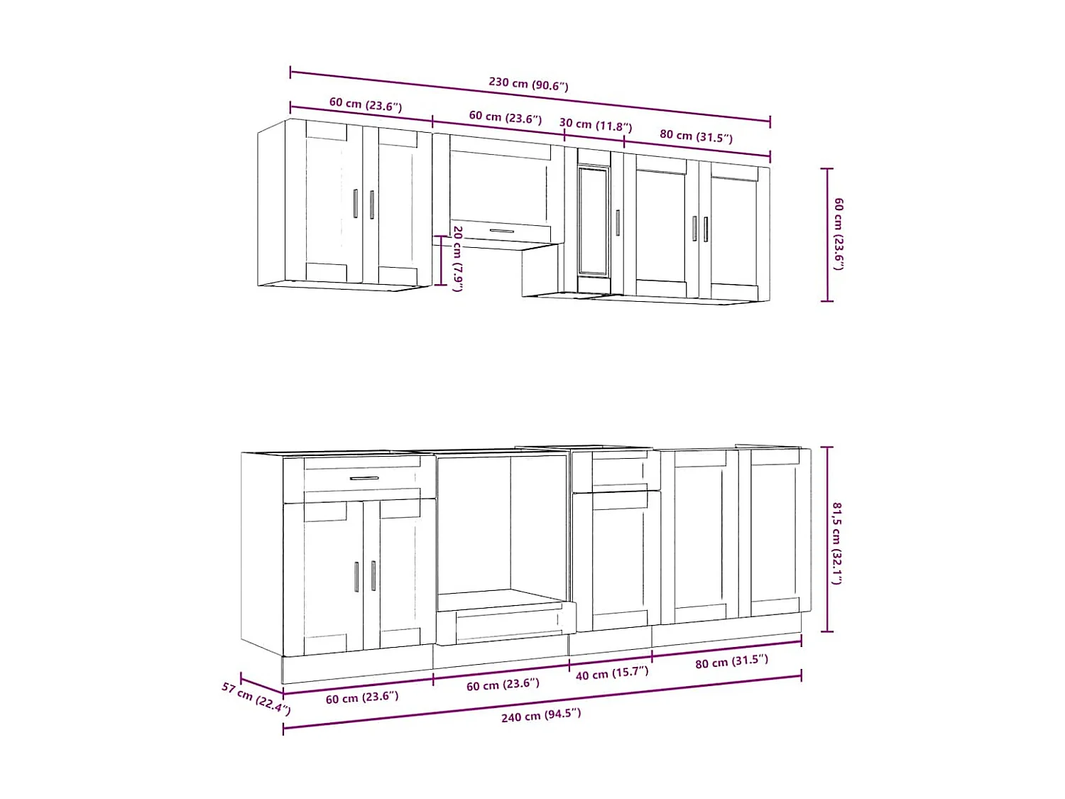 8 peças armário de cozinha conjunto Porto branco