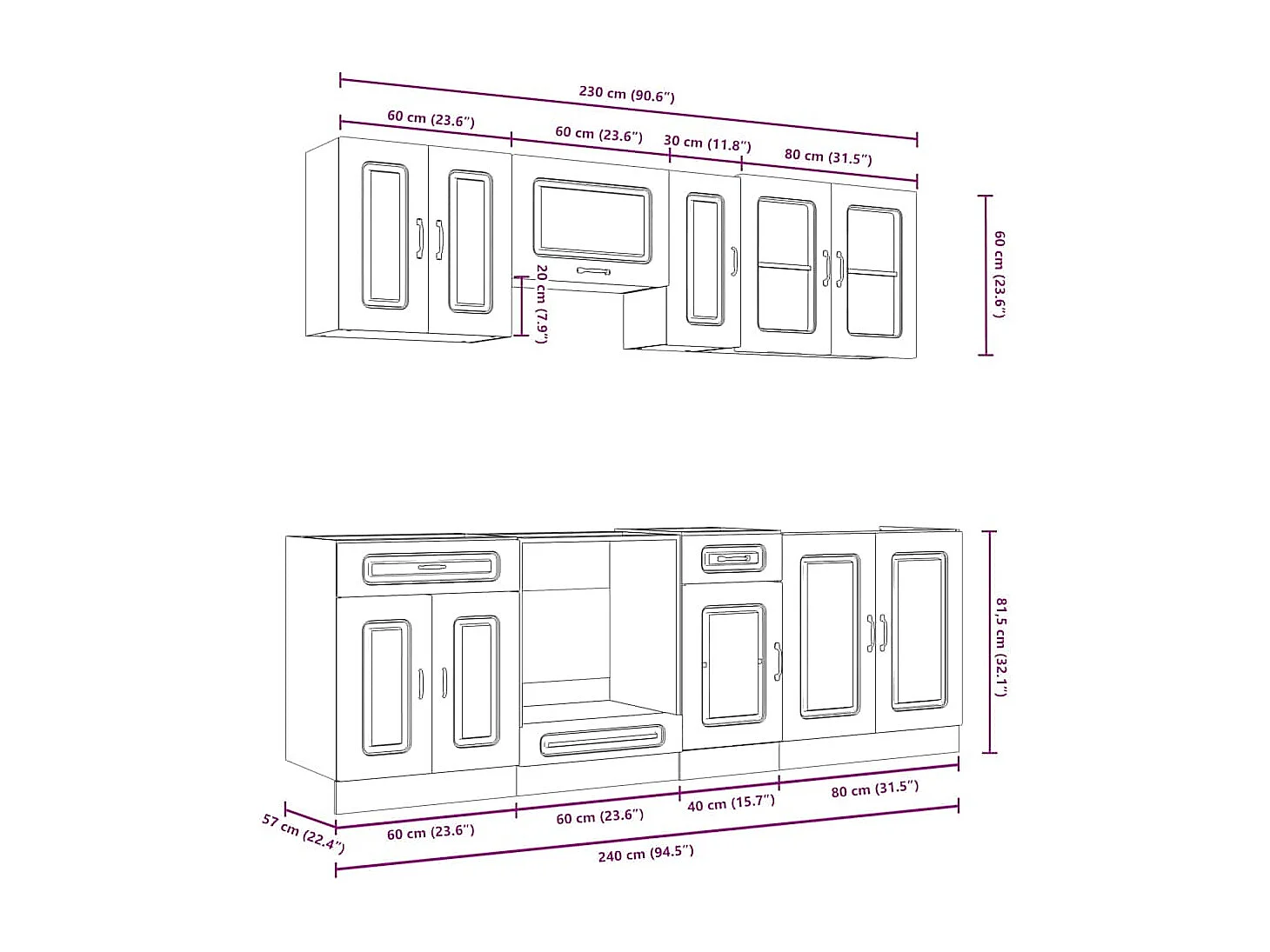 8 peças armário de cozinha conjunto Kalmar carvalho castanho