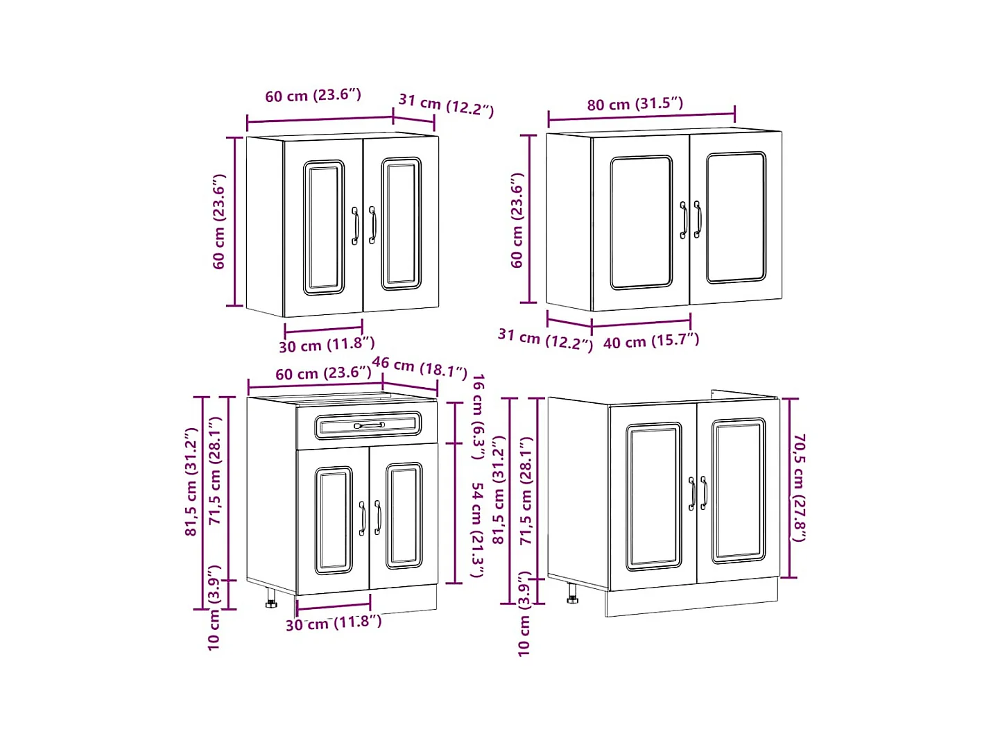 4-delige Keukenkastenset Kalmar bewerkt hout bruin eikenkleur