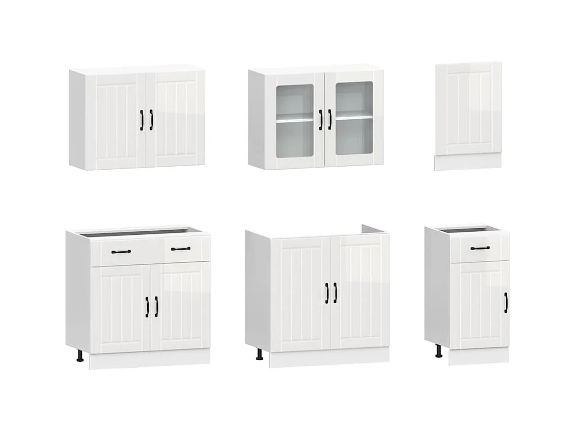 Ensemble de 7 meubles de cuisine "Lucca" en bois d'ingénierie blanc brillant