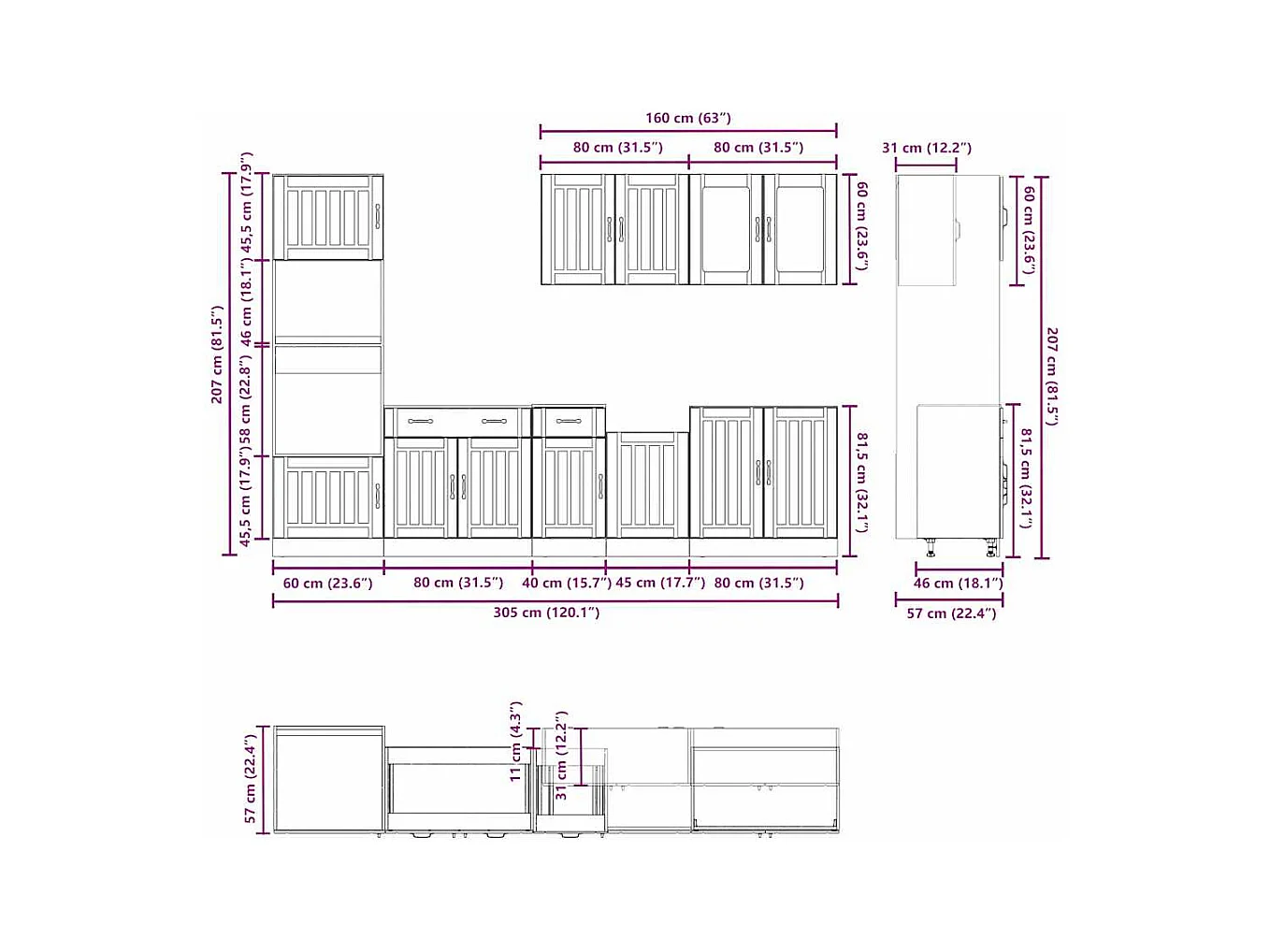 Ensemble de 7 meubles de cuisine "Lucca" en bois d'ingénierie blanc brillant