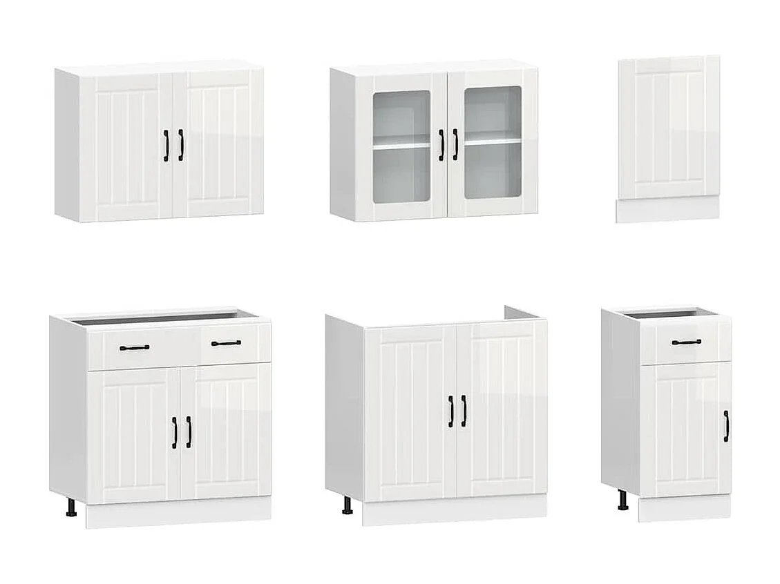 Ensemble de 7 meubles de cuisine "Lucca" en bois d'ingénierie blanc brillant