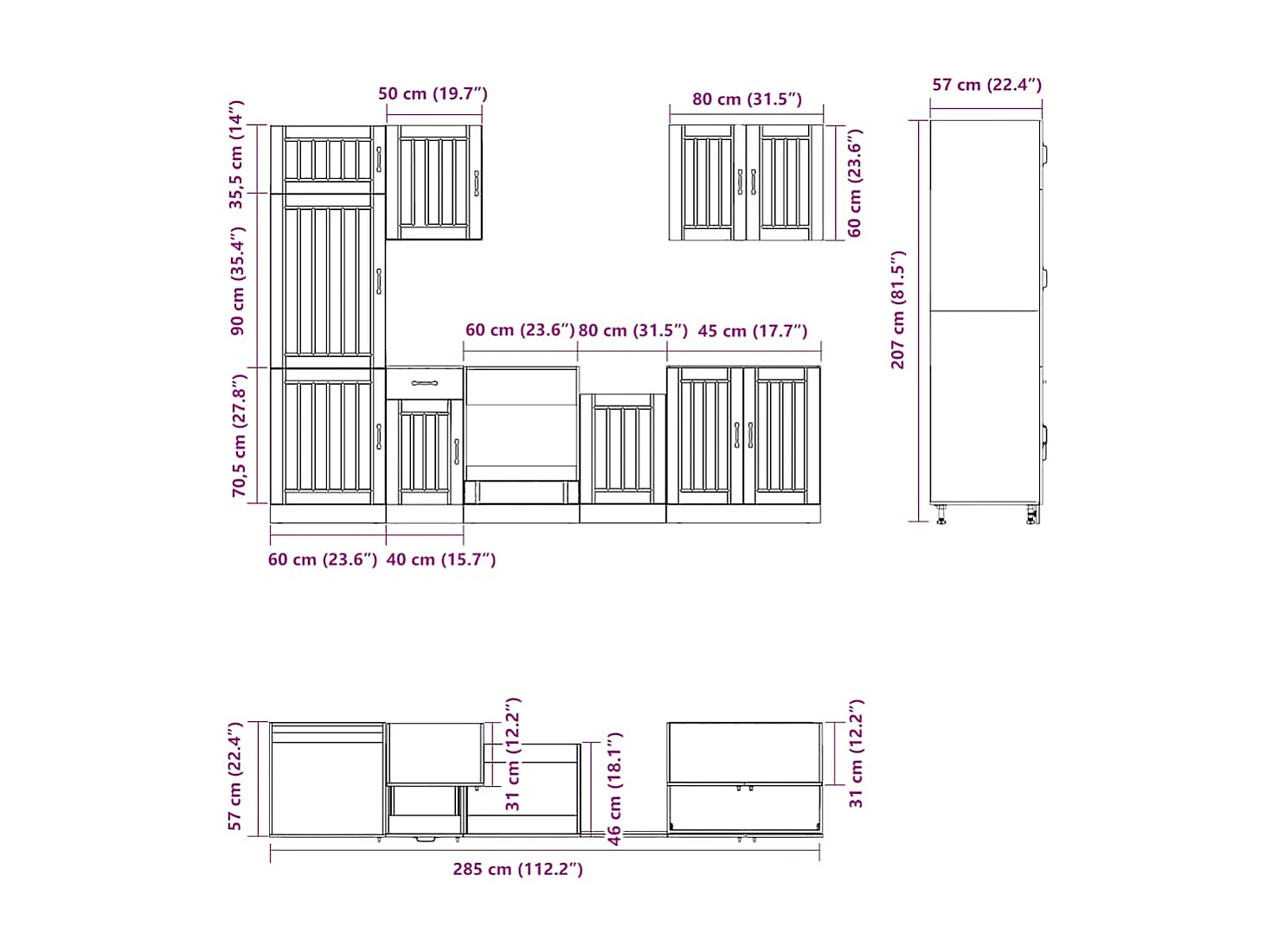 7-delige Keukenkastenset Lucca bewerkt hout bruin eikenkleur
