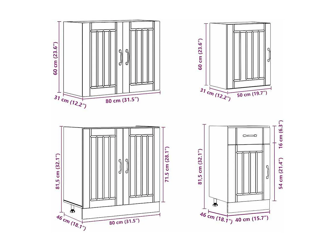 7-delige Keukenkastenset Lucca bewerkt hout bruin eikenkleur