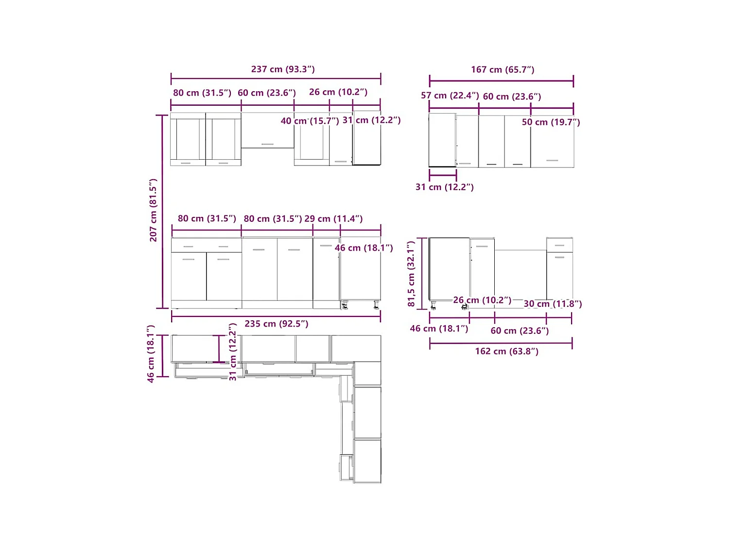 Ensemble de 11 meubles de cuisine "Lyon" en chêne artisanal