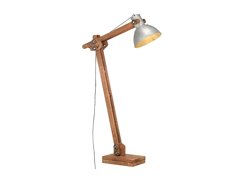 Candeeiro de Chão E27 em Madeira de Mangueira Maciça com Acabamento Prateado