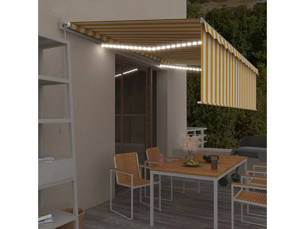Markise Manuell Einziehbar mit Rollo  LED 5x3 m Gelb  Weiß