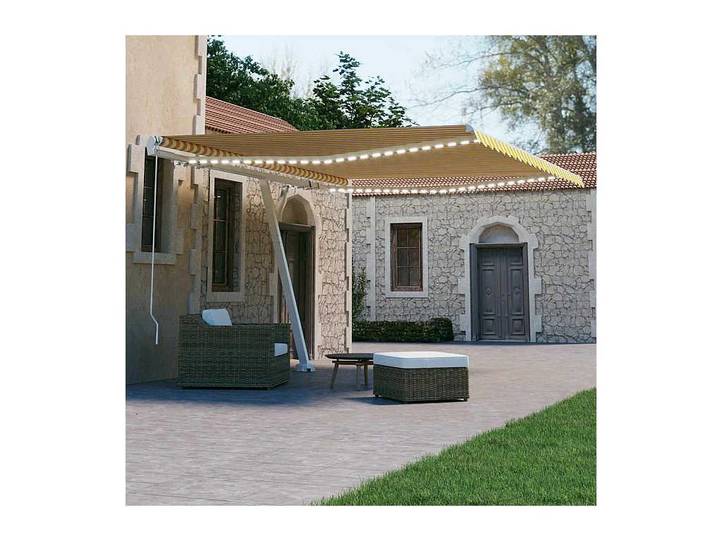 Auvent manuel rétractable avec LED 450x300 cm Jaune et blanc