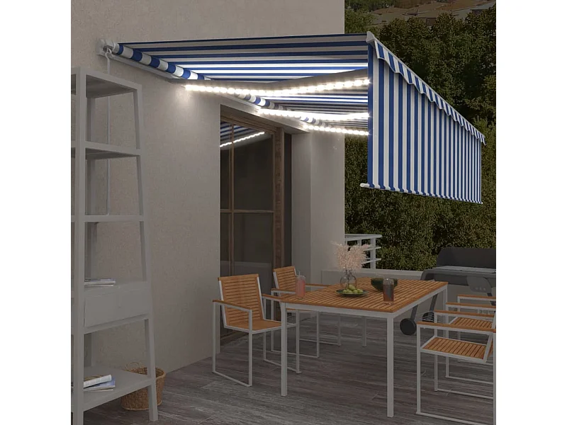 Markise Manuell Einziehbar mit Rollo  LED 6x3 m Blau  Weiß