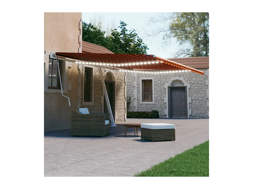 Toldo manual retráctil con luz LED naranja y marrón 600x300 cm