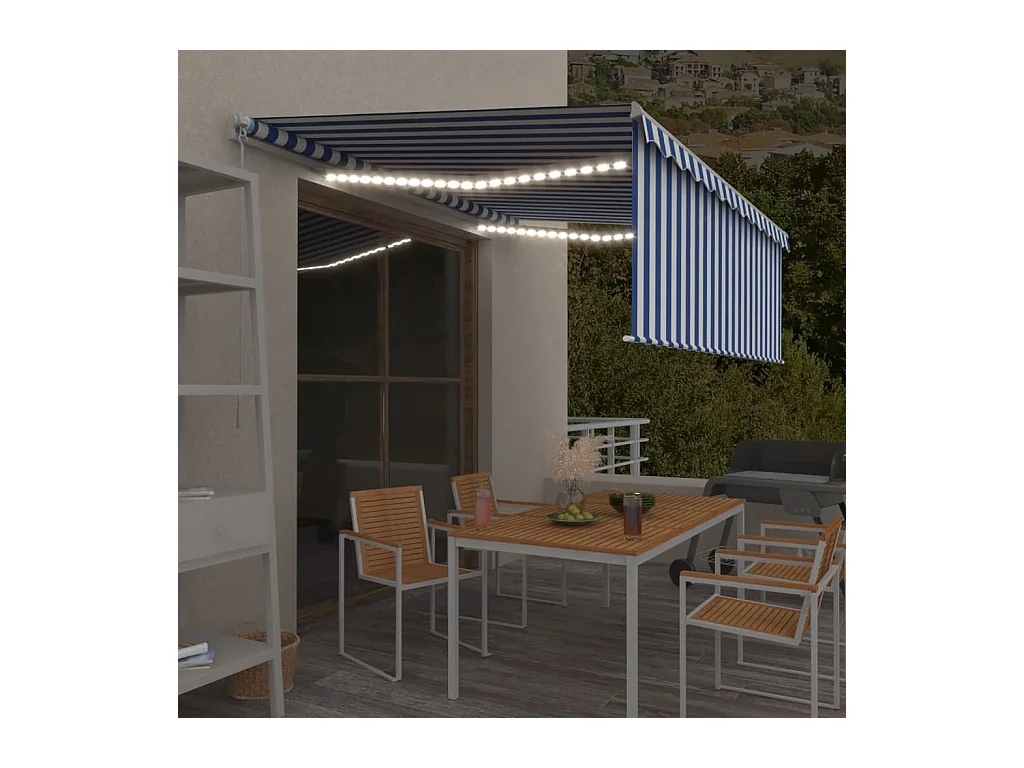 Toldo retráctil manual con persiana y LED azul y blanco 45x3 m