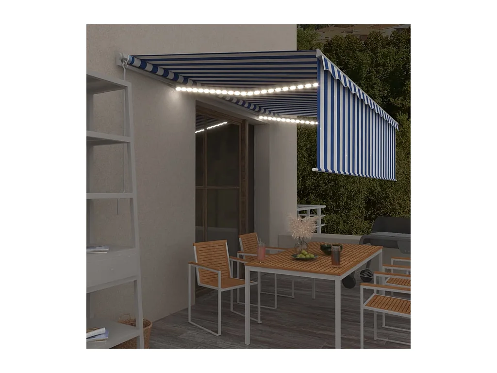 Auvent rétractable manuel avec store et LED 5x3 m Bleu et blanc