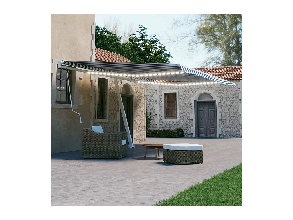 Markise Manuell Einziehbar mit LED 500x300 cm Blau Weiß