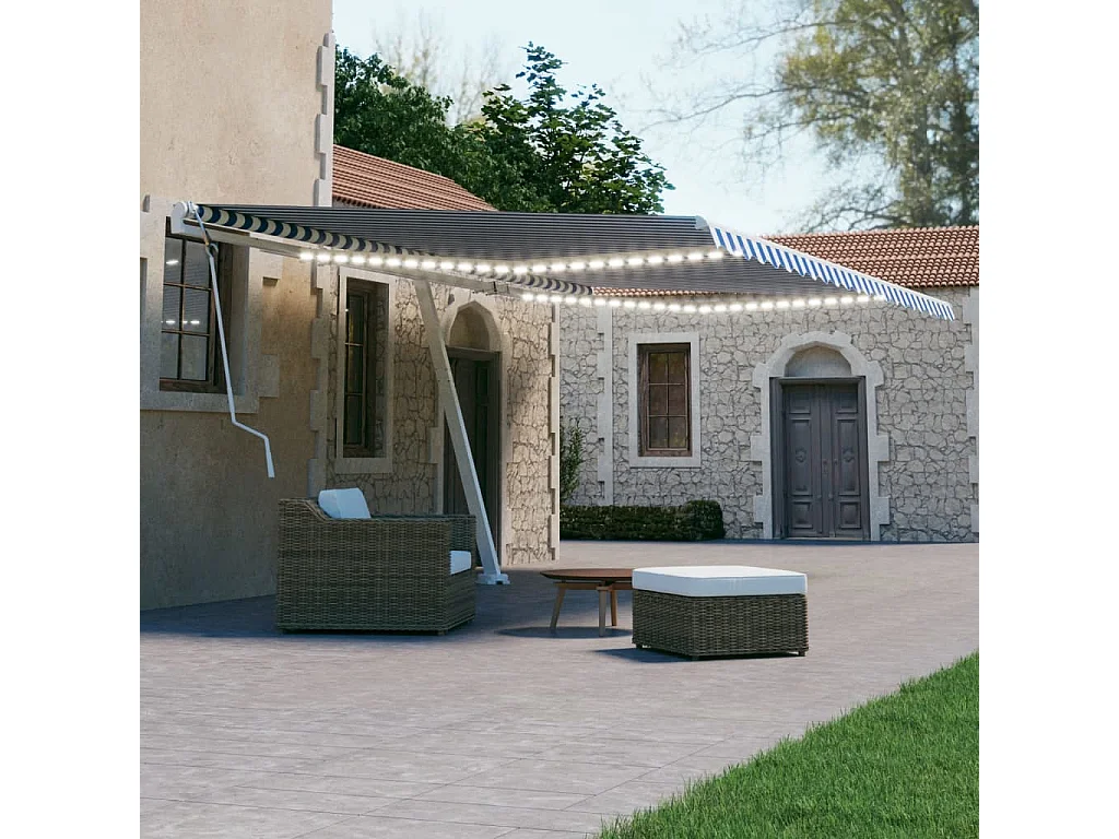 Toldo retráctil manual con LED azul y blanco 500x300 cm