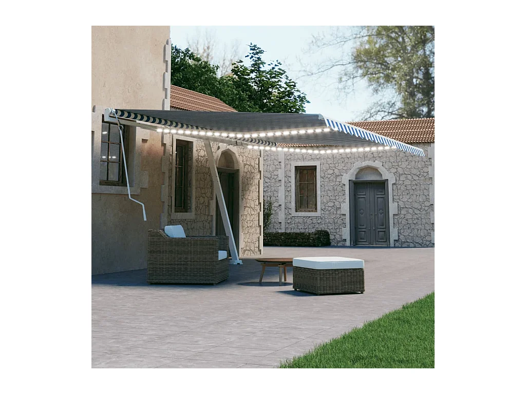 Toldo retráctil manual con luz LED azul y blanco 600x300 cm