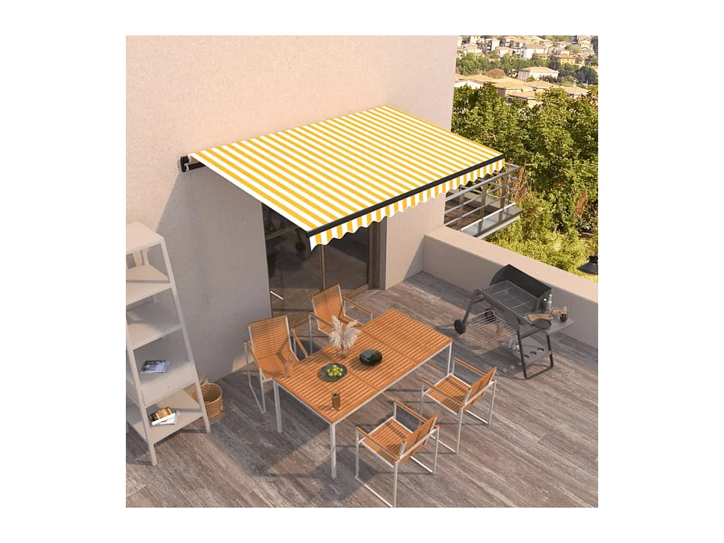 Toldo retráctil manual amarillo y blanco 450x350 cm