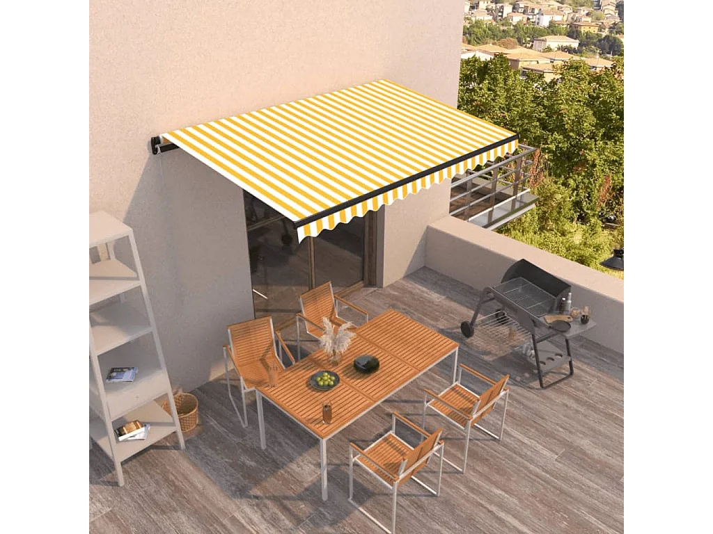 Toldo retráctil manual amarillo y blanco 450x350 cm
