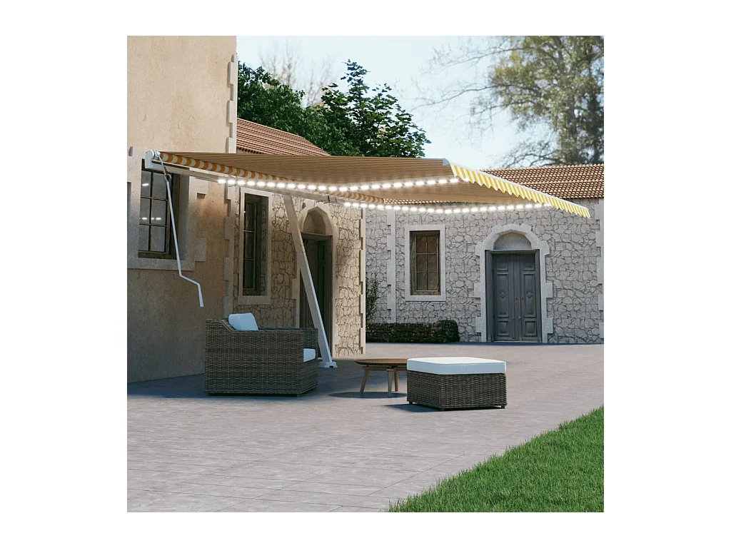 Toldo retráctil manual con luz LED amarillo y blanco 600x300 cm