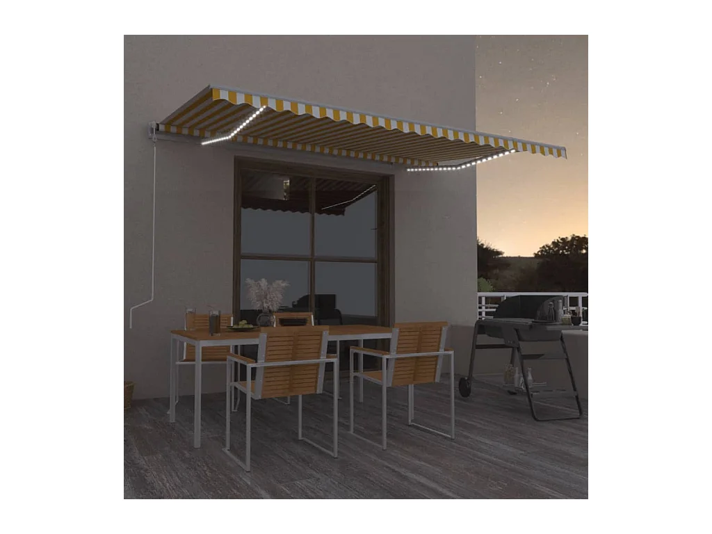Toldo retráctil manual con LED azul y blanco 500x350 cm