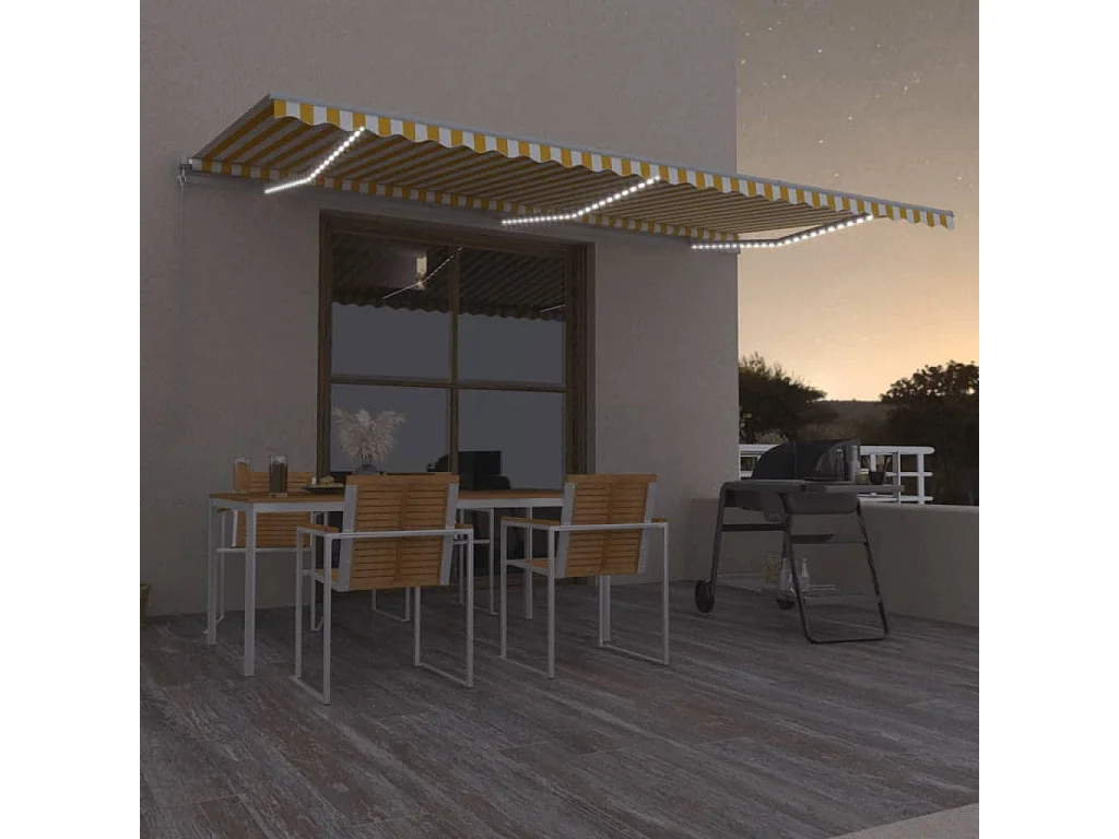 Toldo retráctil manual con luz LED amarillo y blanco 600x300 cm