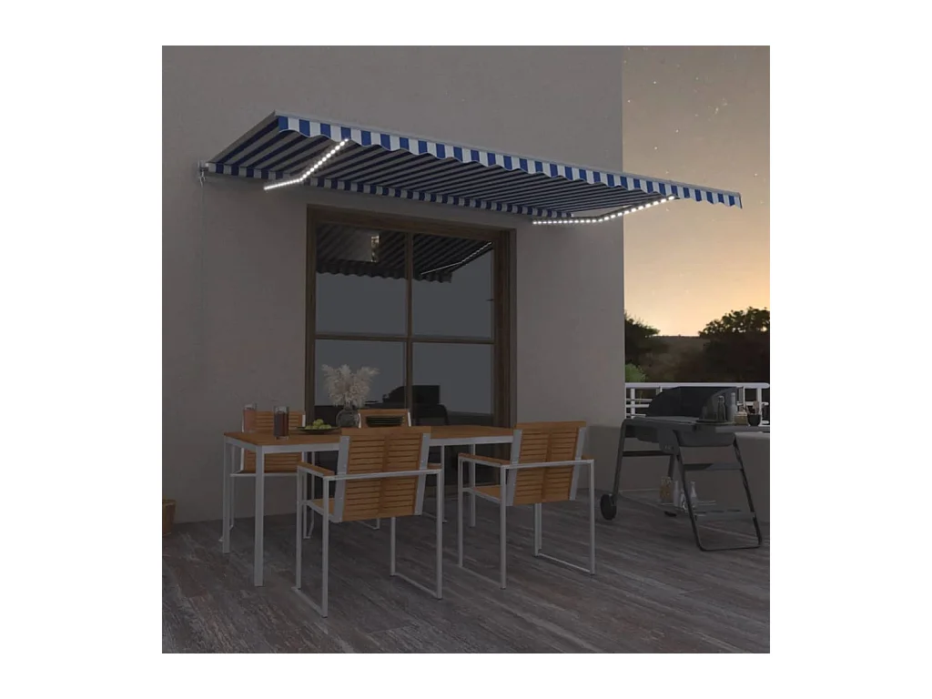 Toldo retráctil manual con LED azul y blanco 500x350 cm