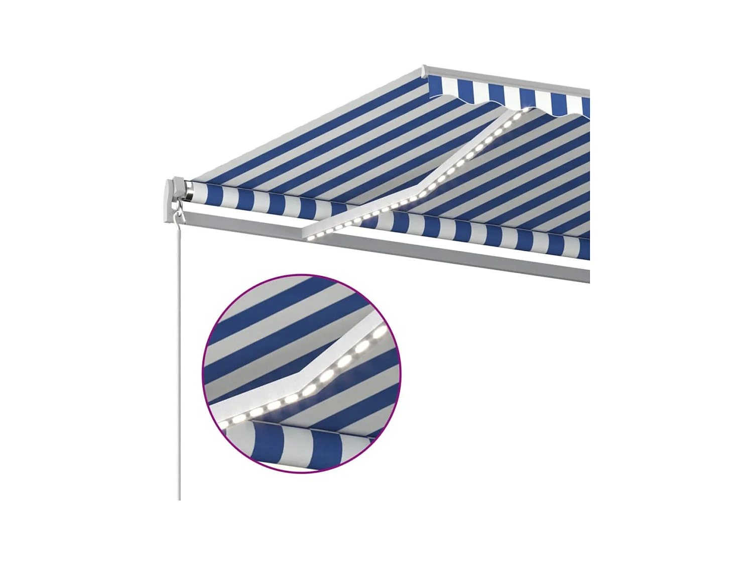 Toldo retráctil manual con LED azul y blanco 500x350 cm