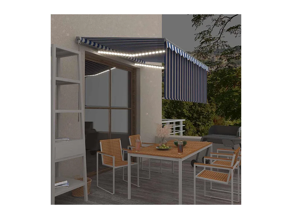 Toldo retráctil manual con persiana y LED azul y blanco 3x25 m