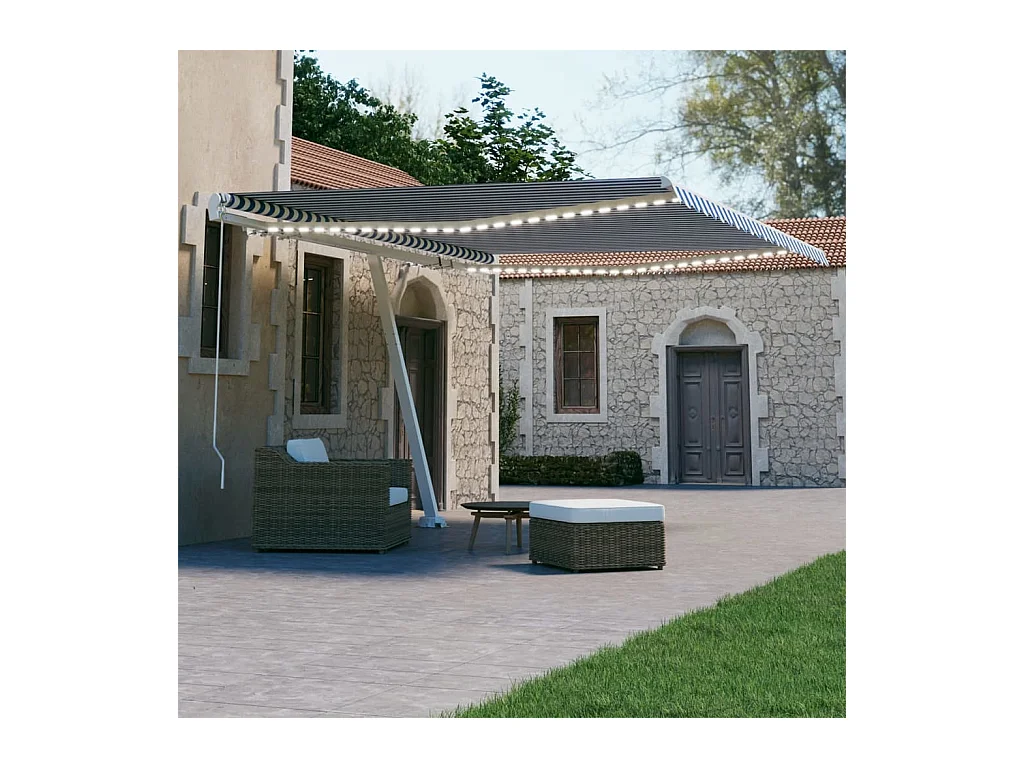 Auvent manuel rétractable avec LED 450x300 cm Bleu et blanc