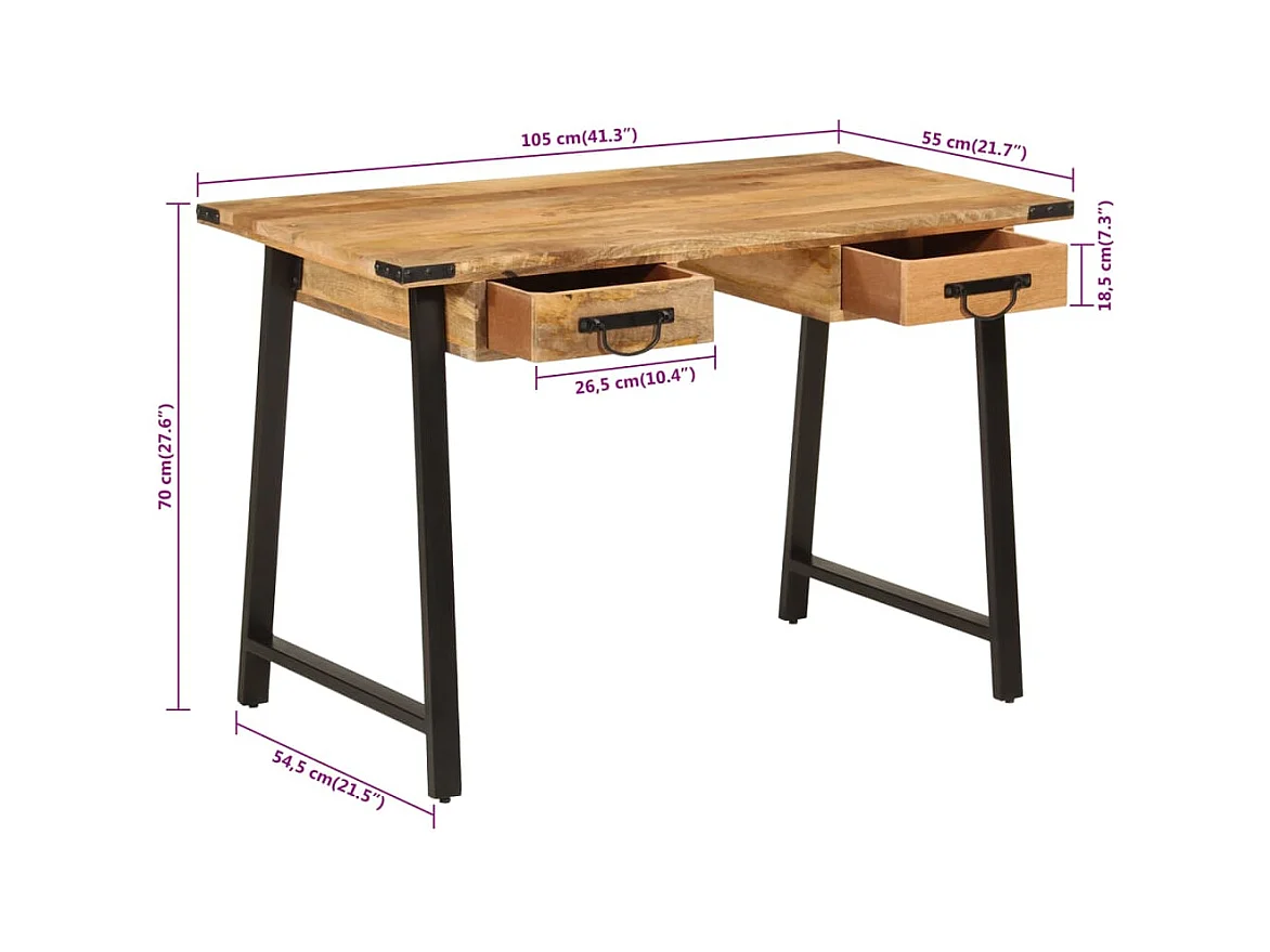 Bureau avec tiroirs 105x55x70 cm bois de manguier massif et fer