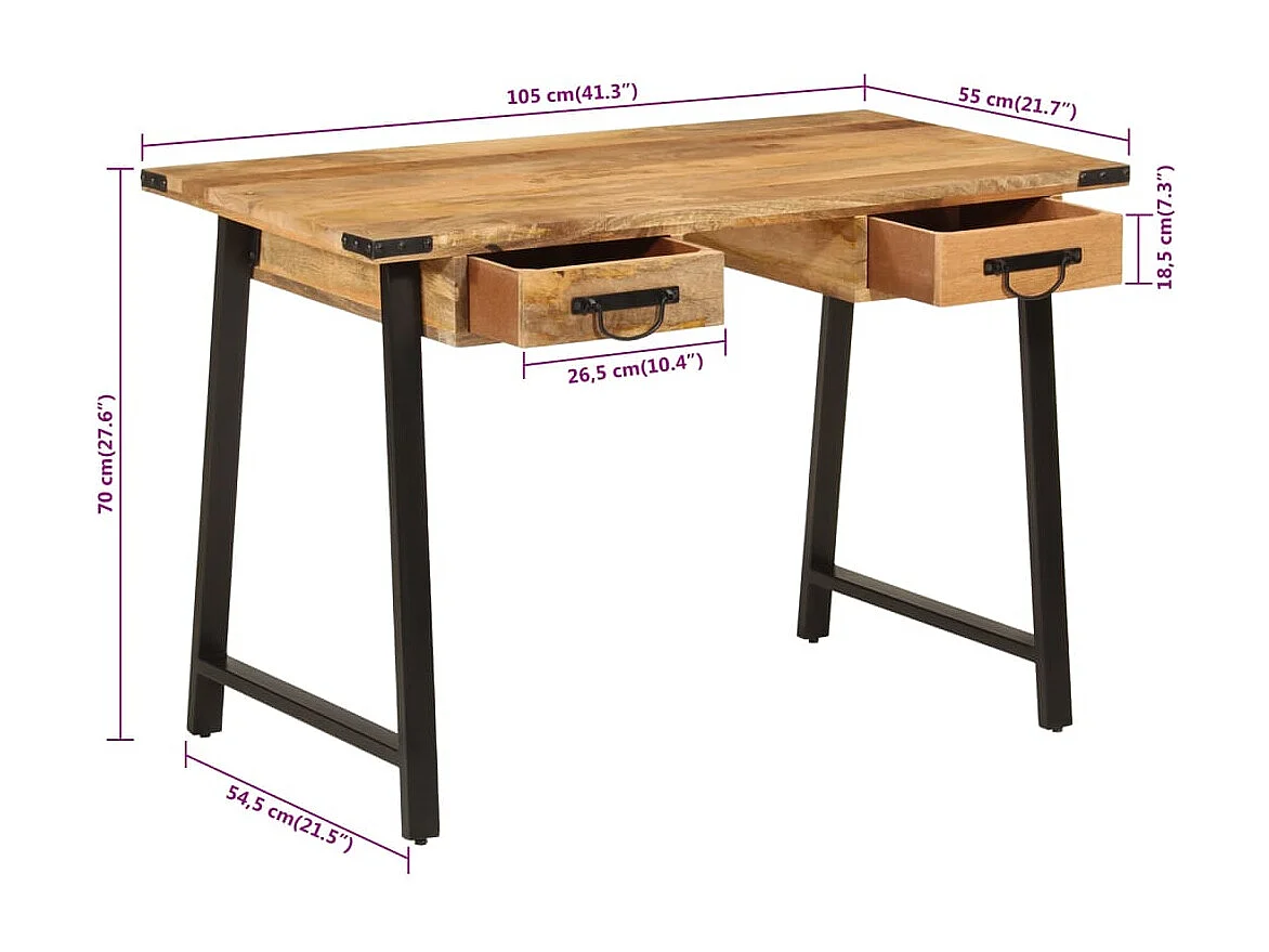 Bureau avec tiroirs 105x55x70 cm bois de manguier massif et fer