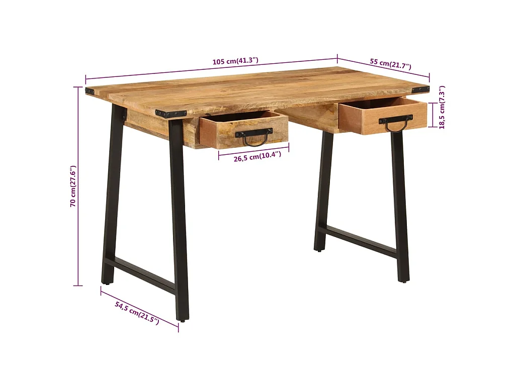 Scrivania con Cassetti 105x55x70 cm Legno Massello Mango Ferro