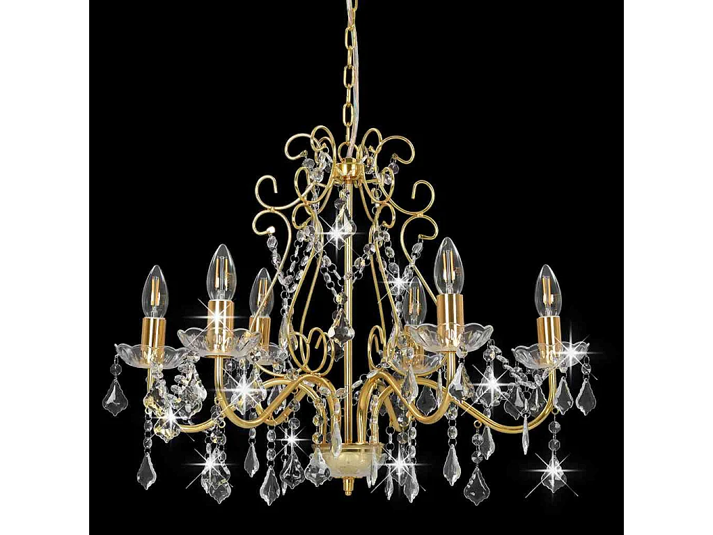 Lustre à perles de cristal, 6 ampoules rondes dorées E14