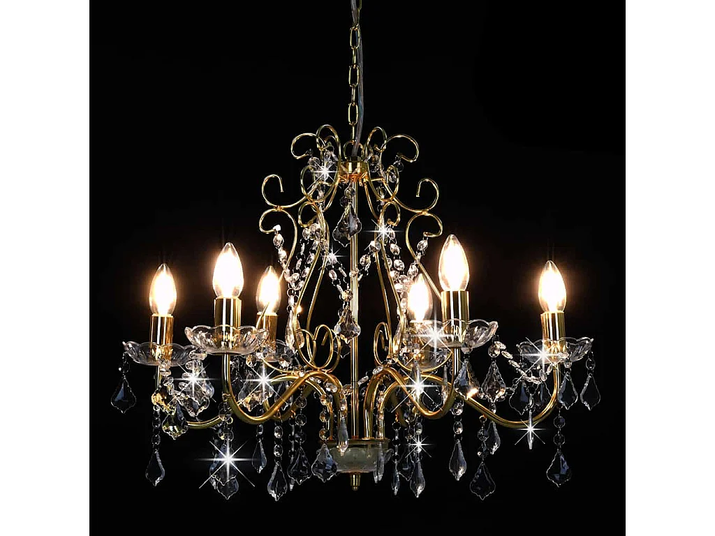 Lustre à perles de cristal, 6 ampoules rondes dorées E14