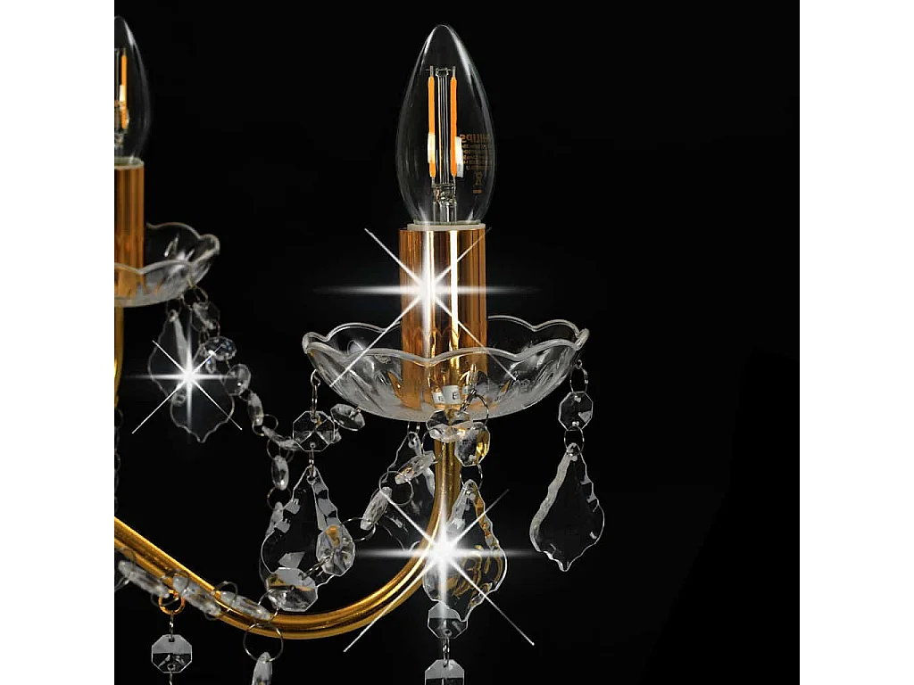 Lustre à perles de cristal, 6 ampoules rondes dorées E14