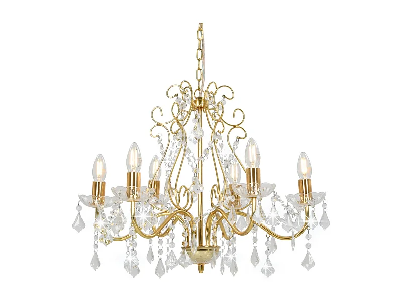 Lustre à perles de cristal, 6 ampoules rondes dorées E14