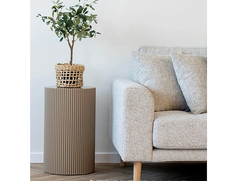 Bout de canapé design - forme ronde striée, beige naturel TRINITE