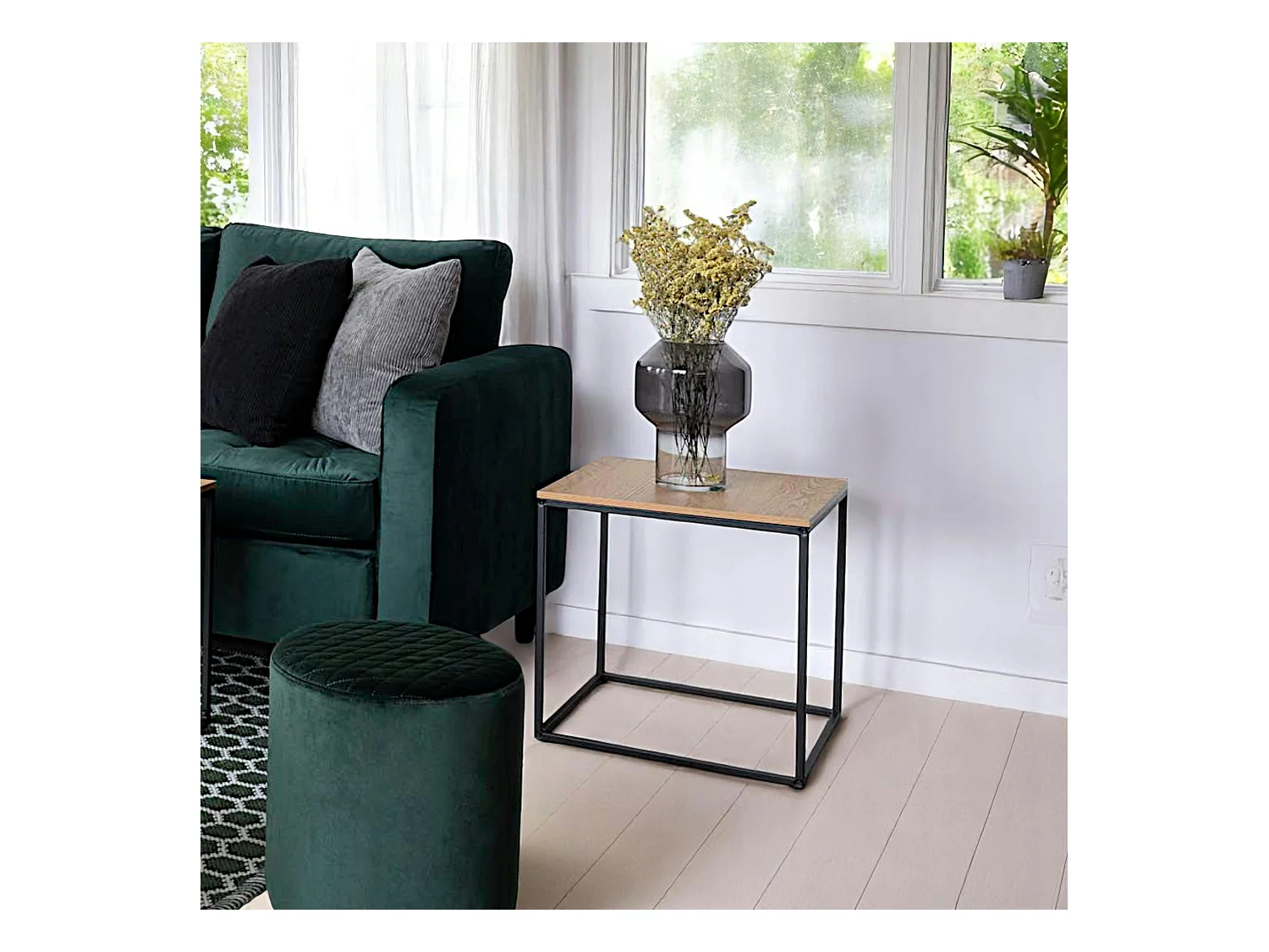 Bout de canapé cube noir - plateau effet chêne clair TALLINN