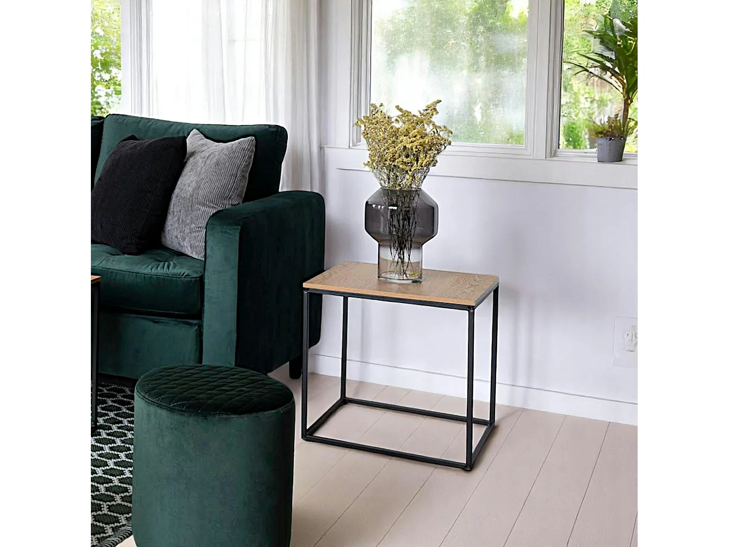 Bout de canapé cube noir - plateau effet chêne clair TALLINN